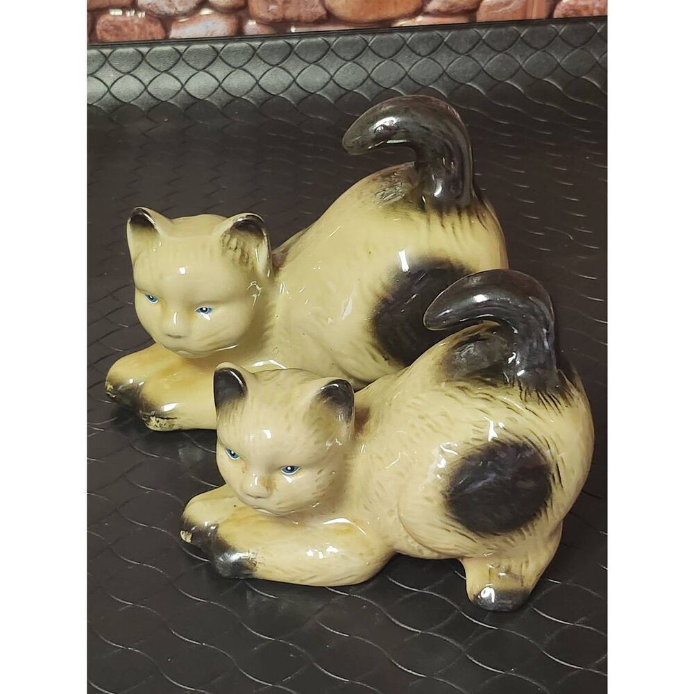 2- Beige and Tan Brown Cat with Blue Eyes Crouched Cat Figurines